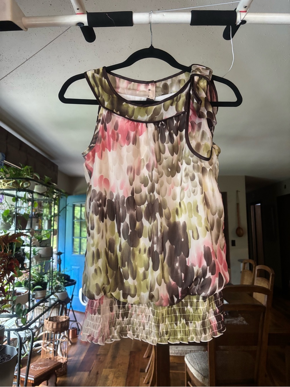 Y2K A. Byer Olive Green Pink Watercolor Ruffle Hem Sleeveless Camisole with Bow